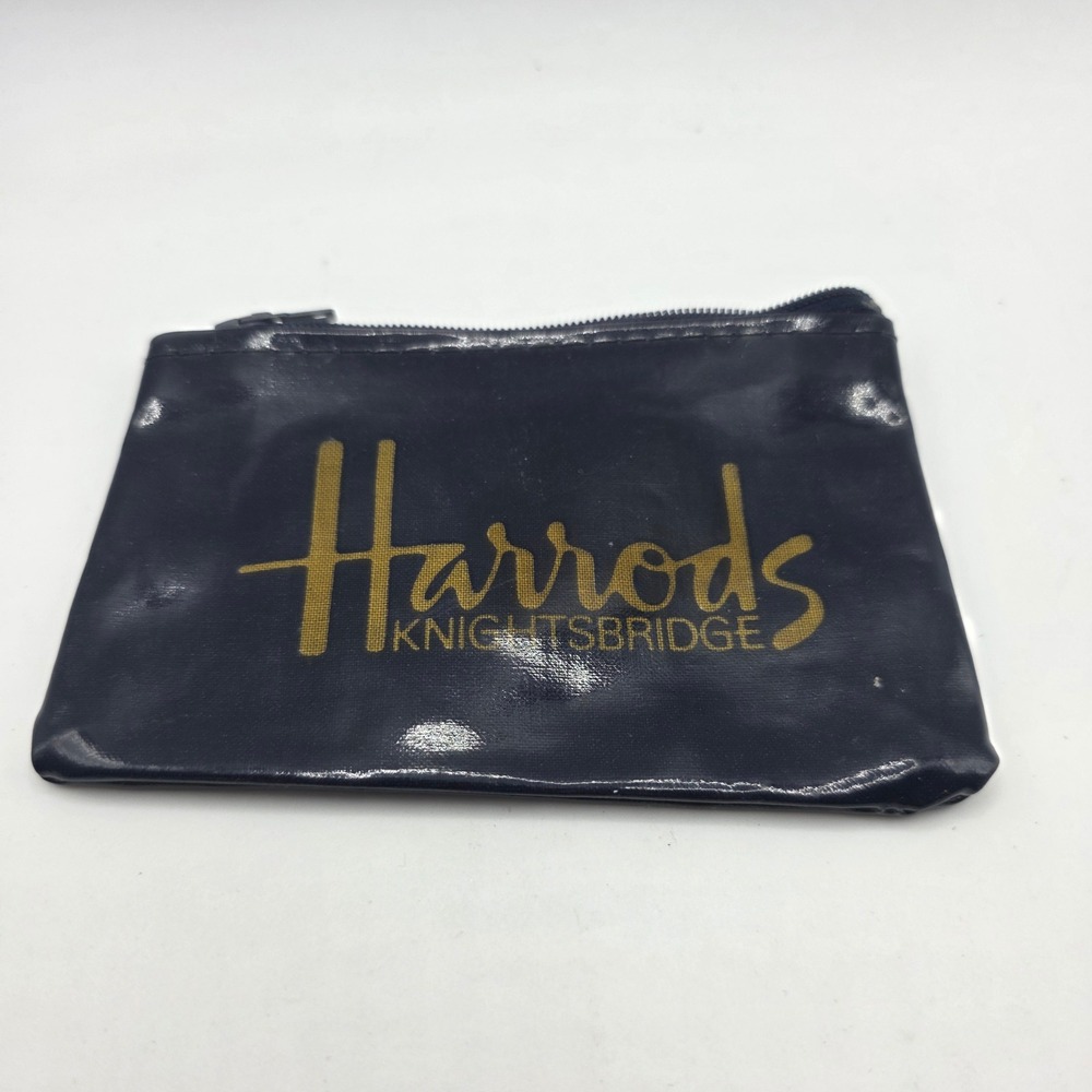 Harrods Knightsbridge Small Zipper Pouch Navy Blue Gold Logo Coin Purse Bag
